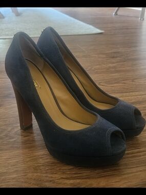 Coach Navy Suede Peep-Toe Platform Heels